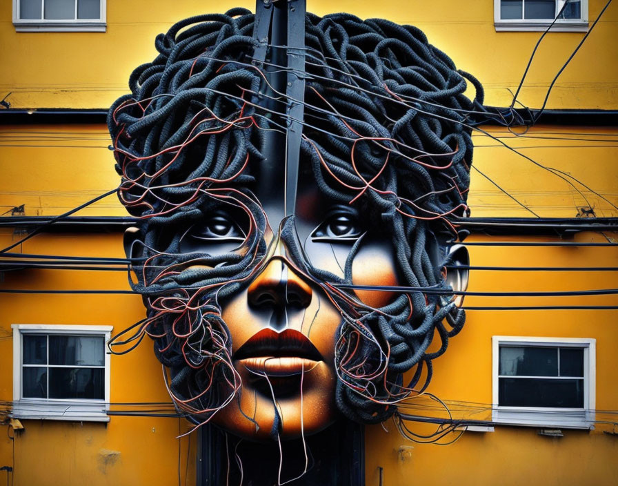 Mural of woman's face with intricate hair coils against yellow building.