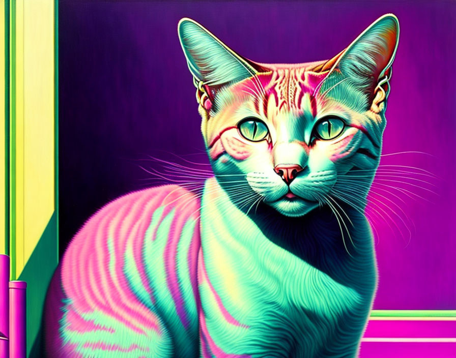 Colorful Psychedelic Cat Artwork with Neon Patterns