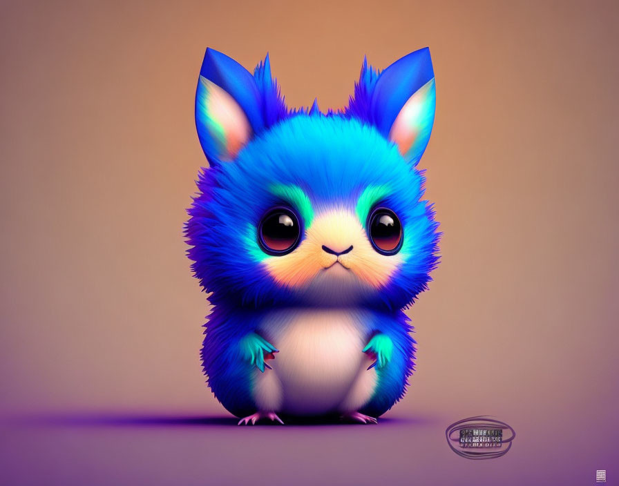 Fluffy Blue and Purple Animated Creature on Peach Background