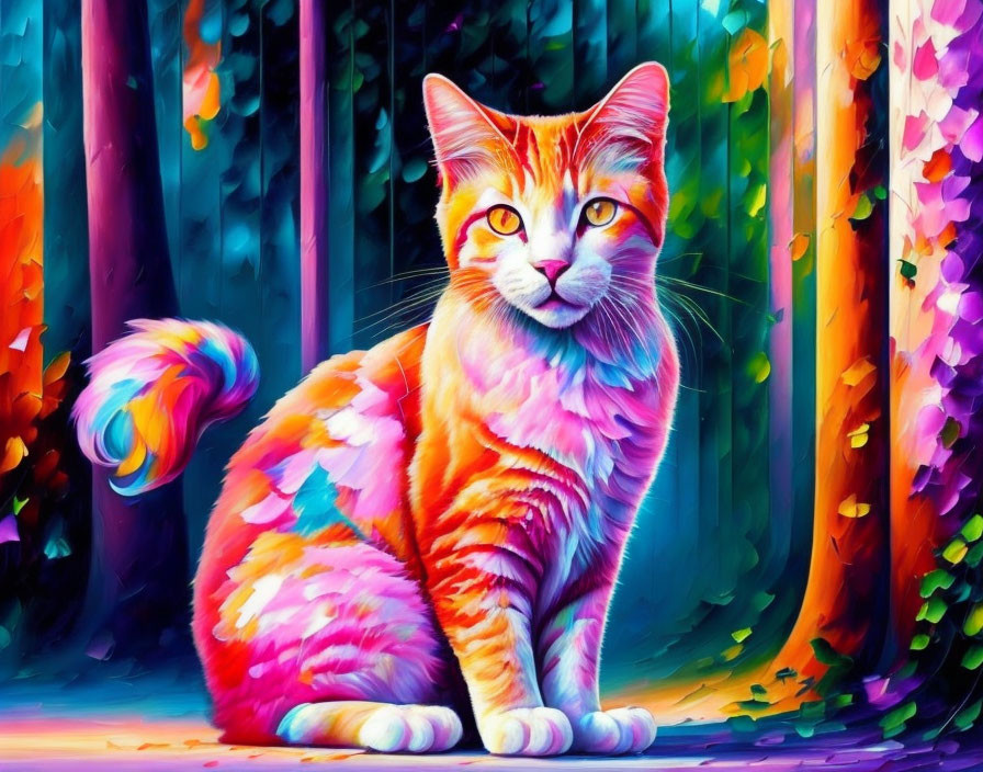 Colorful Seated Cat Illustration in Vibrant Forest Setting