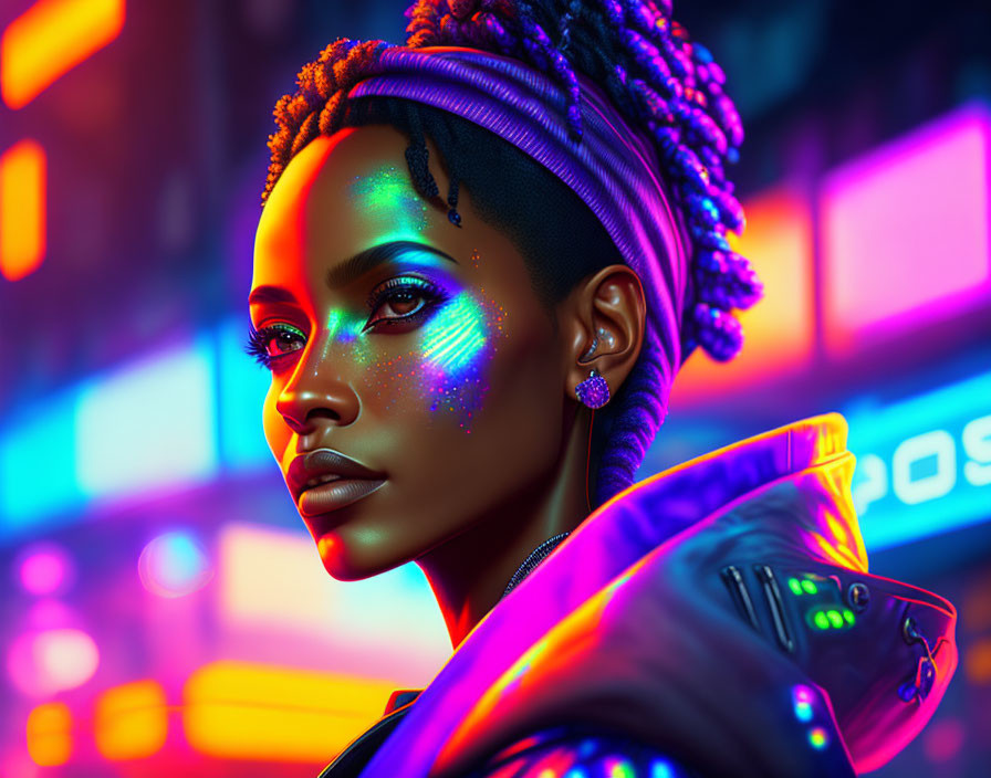 Woman with Neon Makeup and Braided Hair in Futuristic Jacket at Night