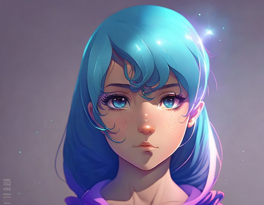 Illustration of a girl with turquoise blue hair and freckles