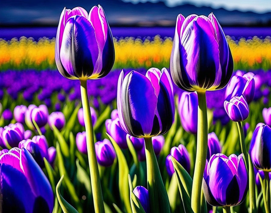 Colorful Purple Tulips in Focus with Field and Mountains Background