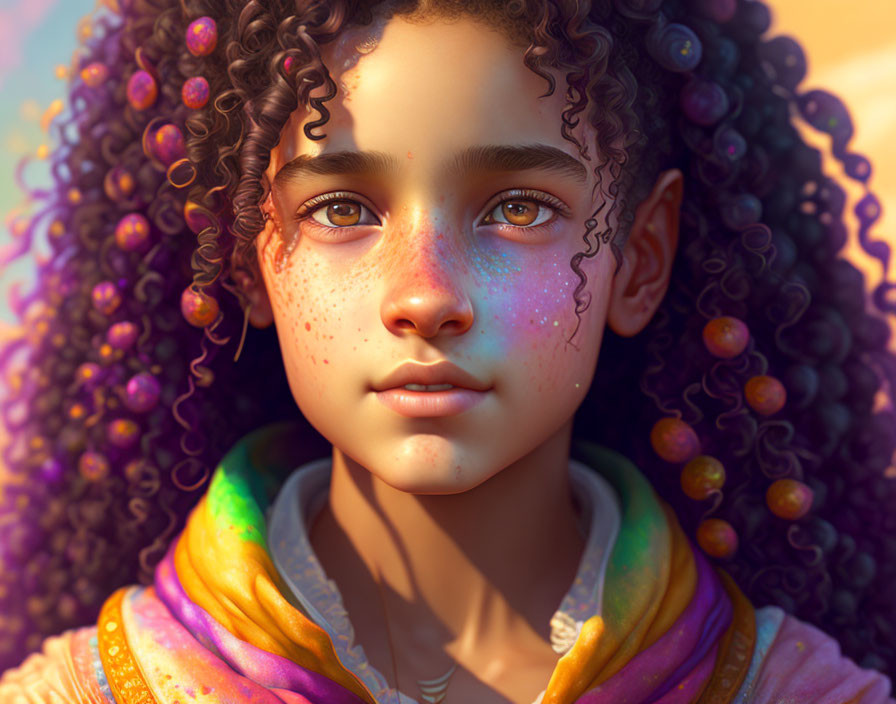 Young girl with curly hair and freckles in warm backlit glow wearing colorful scarf