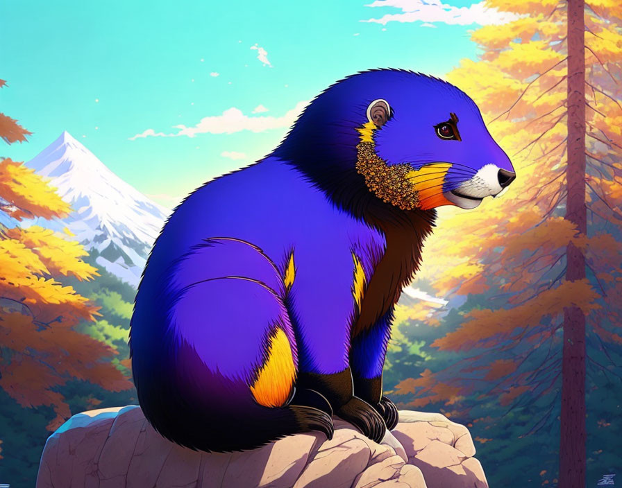 Blue and Purple Weasel-Like Creature on Rock with Autumn Trees and Mountain