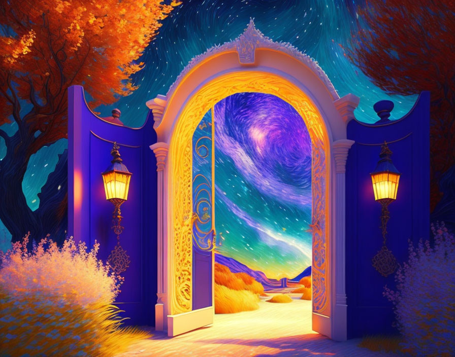 Ornate Blue Gate with Glowing Lanterns and Autumn Landscape