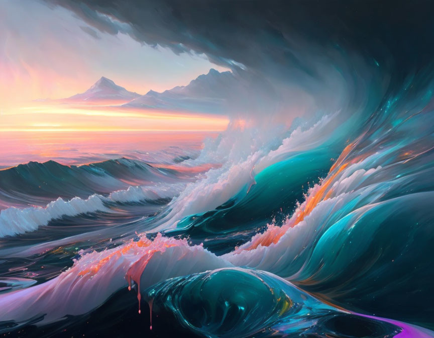 Vibrant pink and turquoise ocean waves under dramatic sunset sky