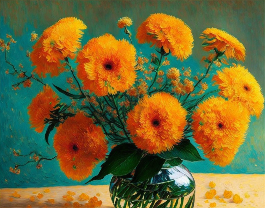 Colorful painting of yellow-orange marigold bouquet in clear vase on teal background