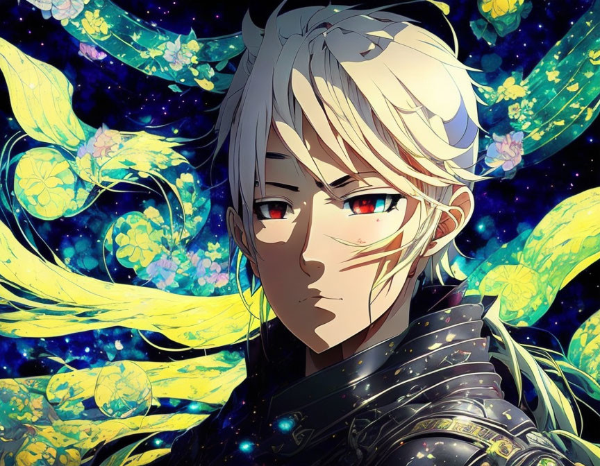 White-haired animated character in golden floral armor on starry night.