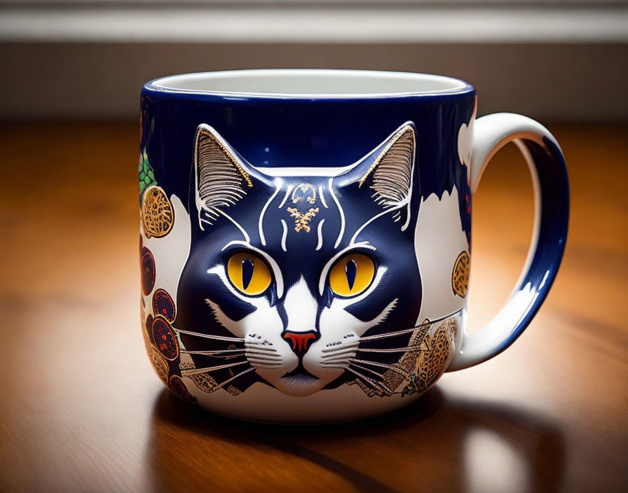 Blue Ceramic Mug with Cat Face Design and Gold Accents on Wood Surface