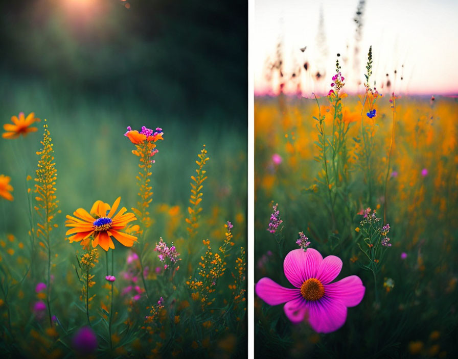 Colorful wildflowers in sunlit field with orange and pink blossoms.