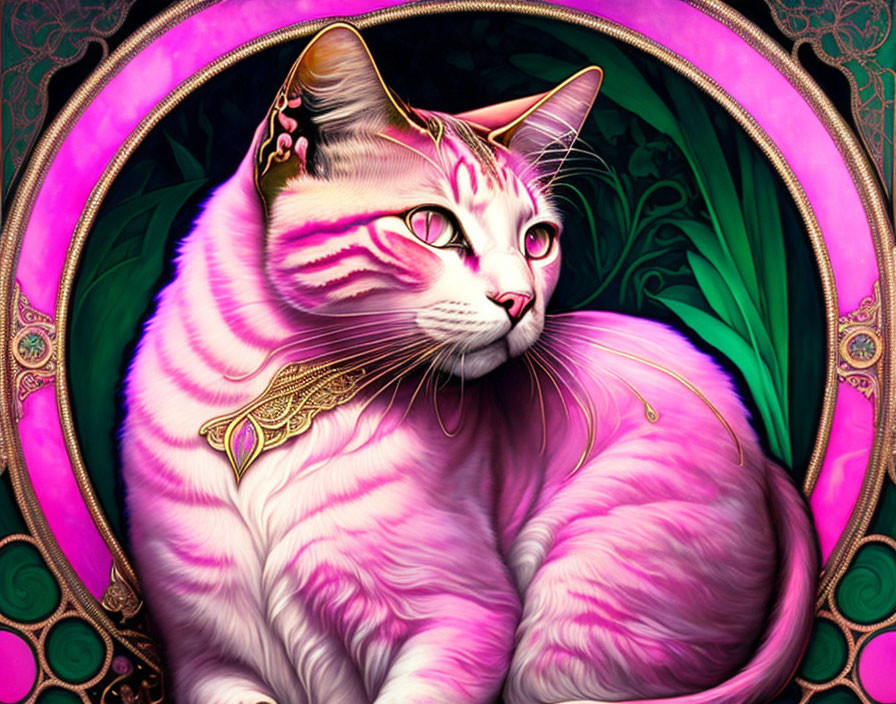 Pink cat illustration with golden jewelry and floral background