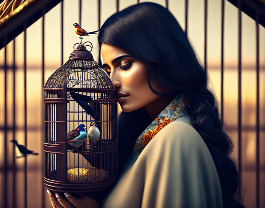 Dark-haired woman holding birdcage with small birds and perched bird