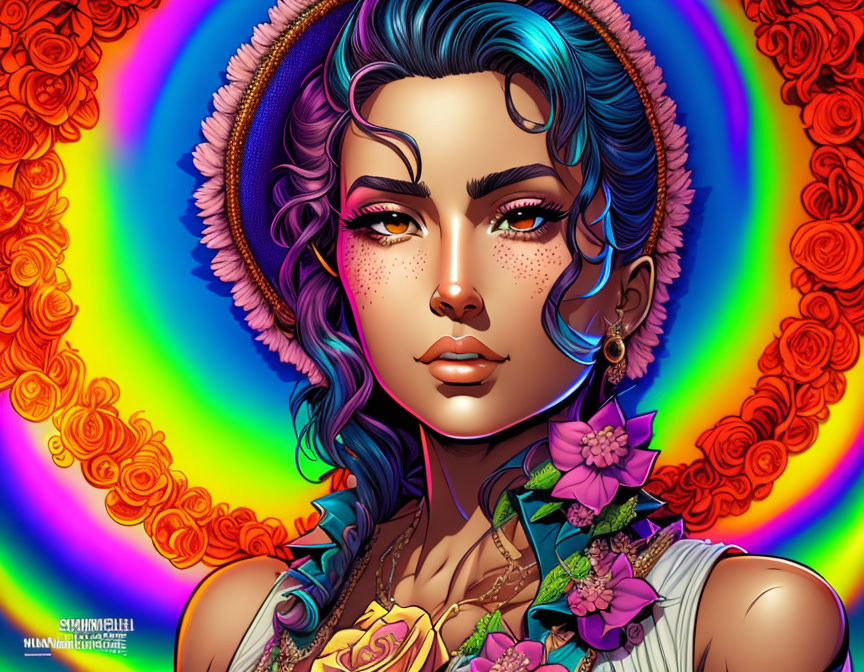 Digital artwork: Woman with blue hair, freckles, surrounded by orange roses.