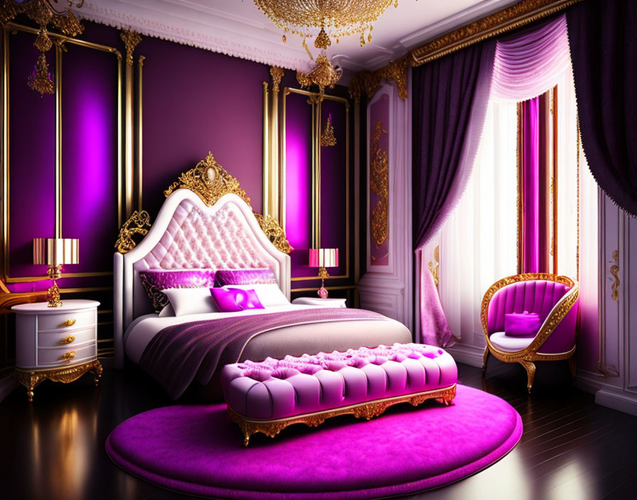 Elegant Purple and Gold Themed Bedroom with Ornate White Bed