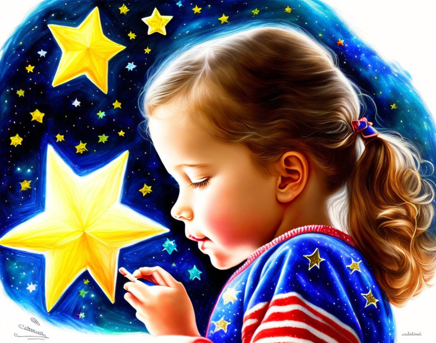 Young girl with ponytail in starry outfit holds shiny star in cosmic backdrop