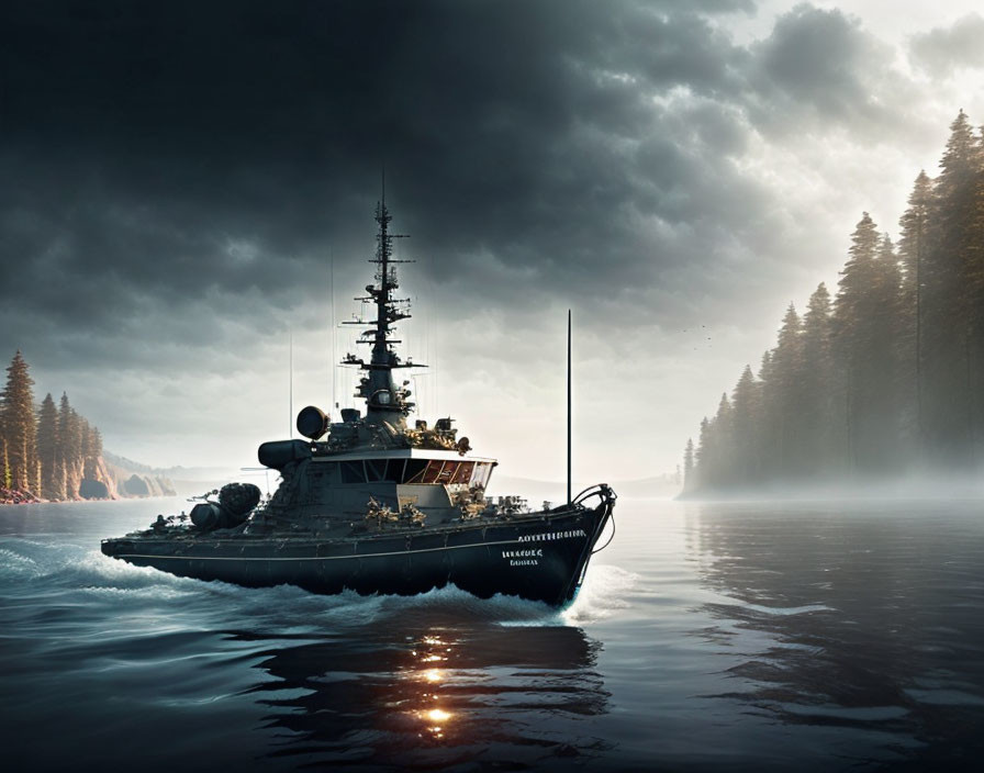 Military ship sailing near misty forest under dramatic sky