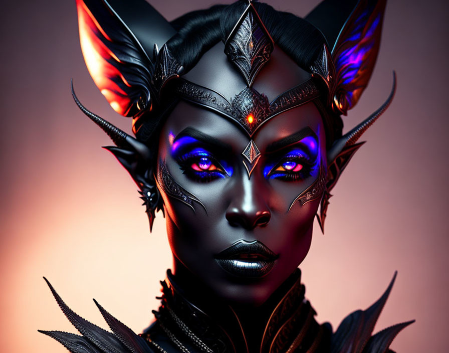 Dark-skinned female figure with glowing blue eyes and ornate black horns.