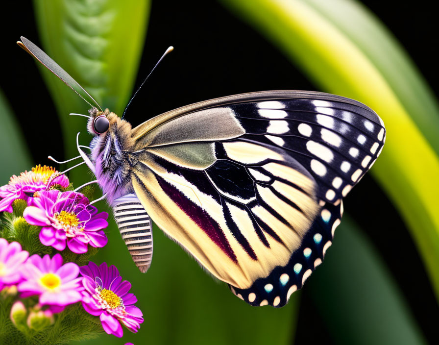 Colorful Butterfly Resting on Pink Flowers with Patterned Wings