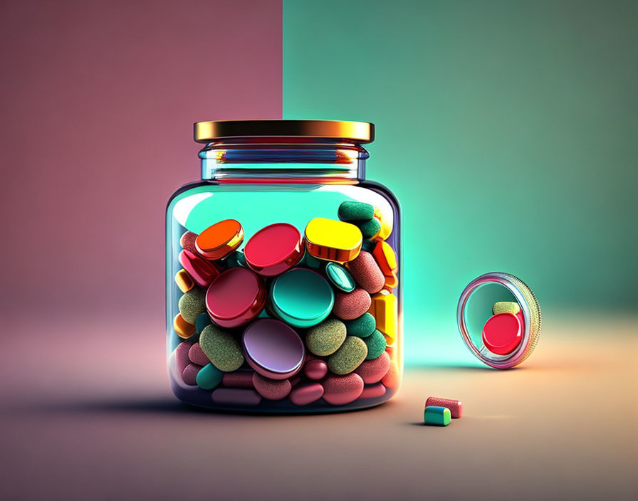 Colorful pills in transparent jar on pink and green gradient background