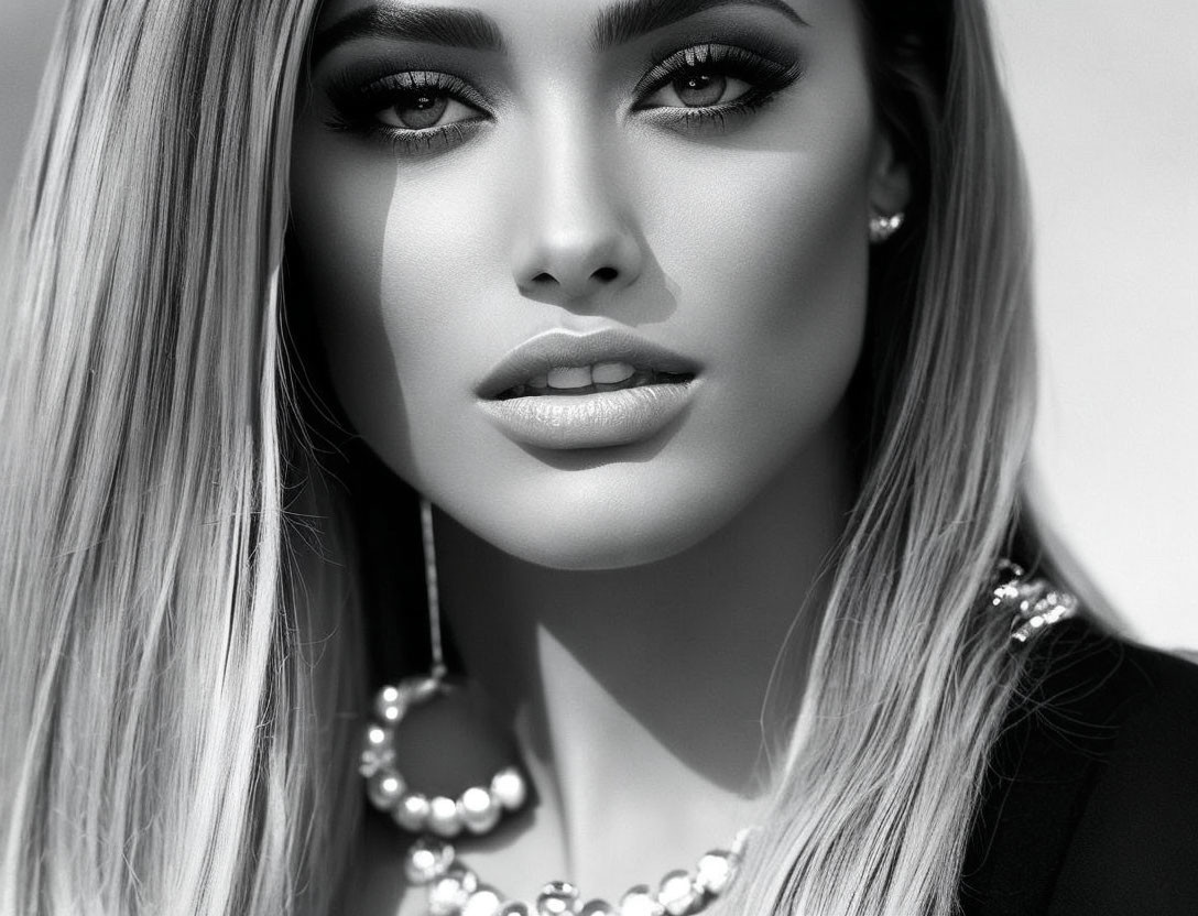 Monochrome portrait of woman with long hair and pearl necklace