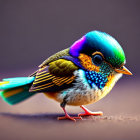 Colorful Bird with Blue, Purple, Orange, and Green Feathers on Brown Background