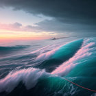 Vibrant pink and turquoise ocean waves under dramatic sunset sky