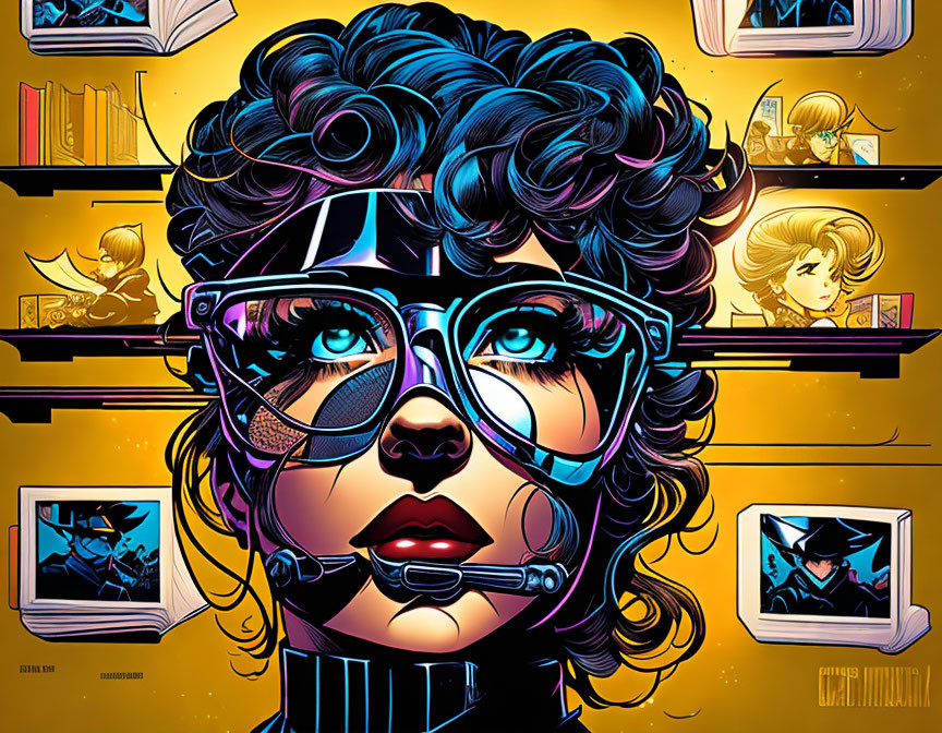 Woman with Blue Glasses and Curly Hair in Comic Book Panel Background