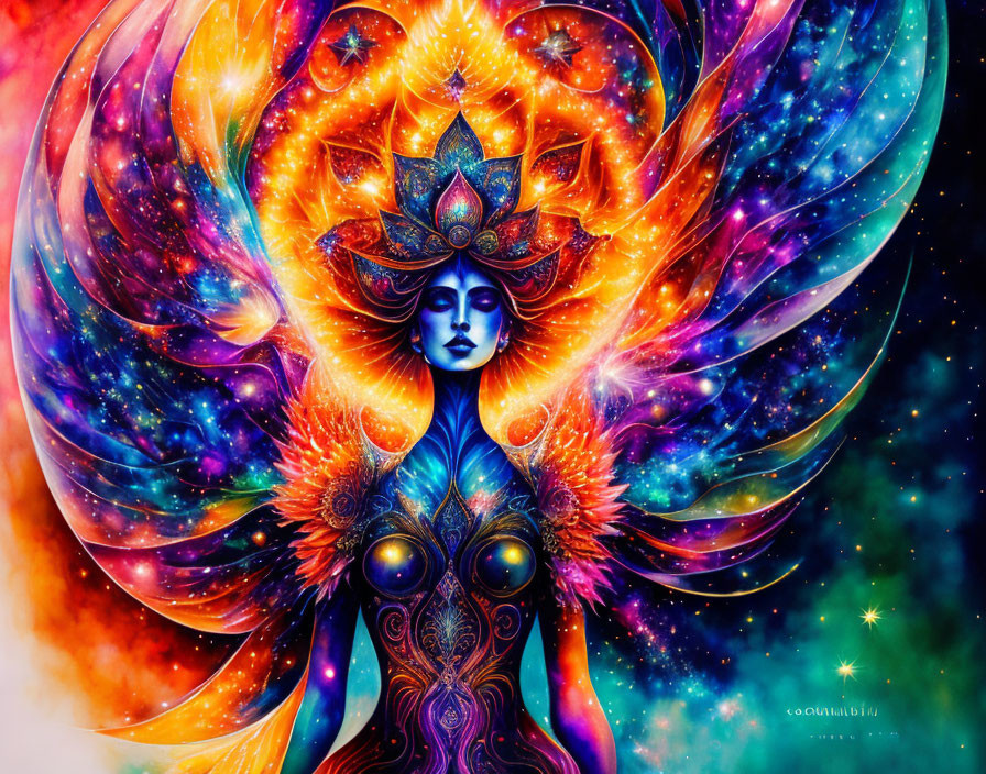 Colorful Psychedelic Artwork of Blue-Skinned Figure with Cosmic Wings