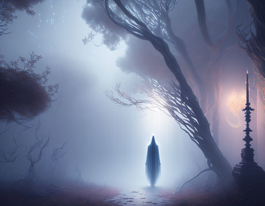 Mysterious cloaked figure in misty forest with ornate lamp post