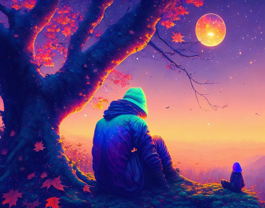 Person in hoodie and small figure under vibrant autumn tree in surreal twilight scene