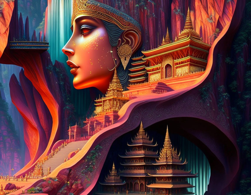 Stylized woman's profile with golden jewelry in fantastical landscape