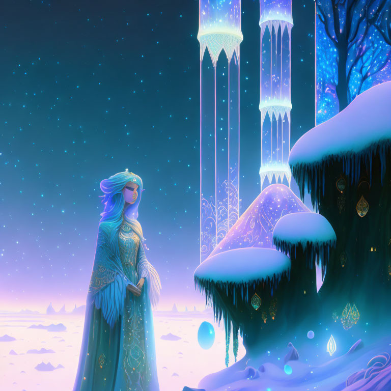 Woman in Blue Cloak in Magical Winter Landscape with Glowing Crystals and Castle