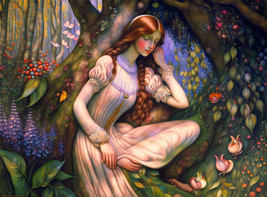 Serene woman in fantasy forest with vibrant flora & creatures