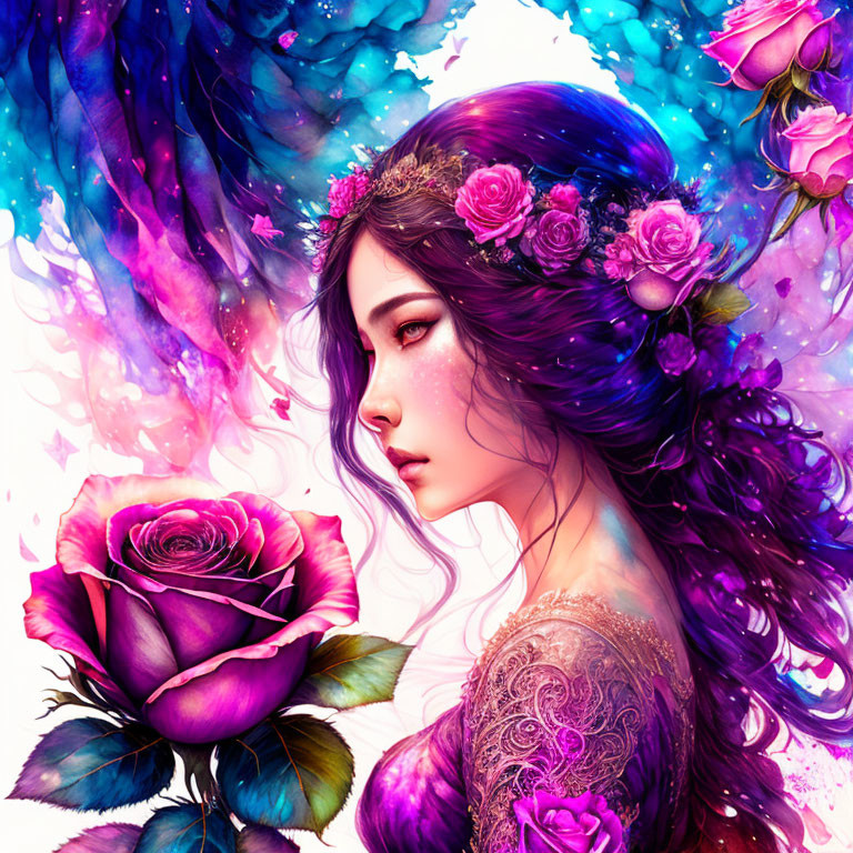 Woman with Purple Hair and Roses in Colorful Watercolor Swirls