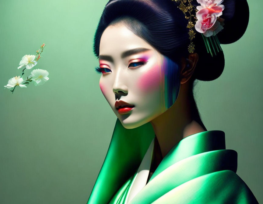 Traditional East Asian makeup and hairstyle with colorful light patterns and floating flowers