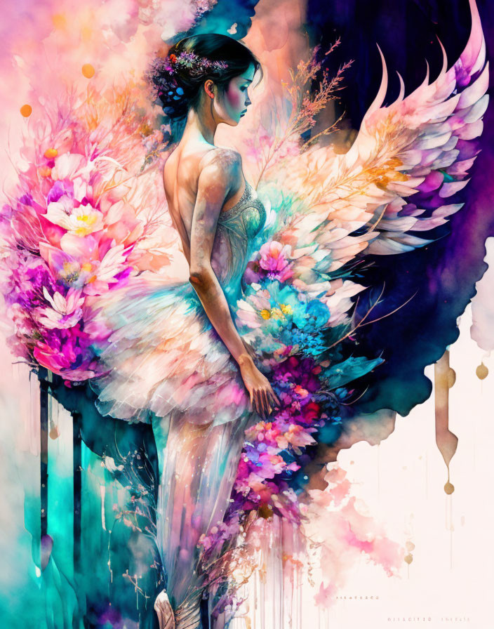 Colorful illustration of a woman with angelic wings in a dreamy setting