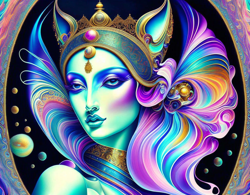 Colorful illustration: Stylized female with feline features, ornate crown, cosmic backdrop