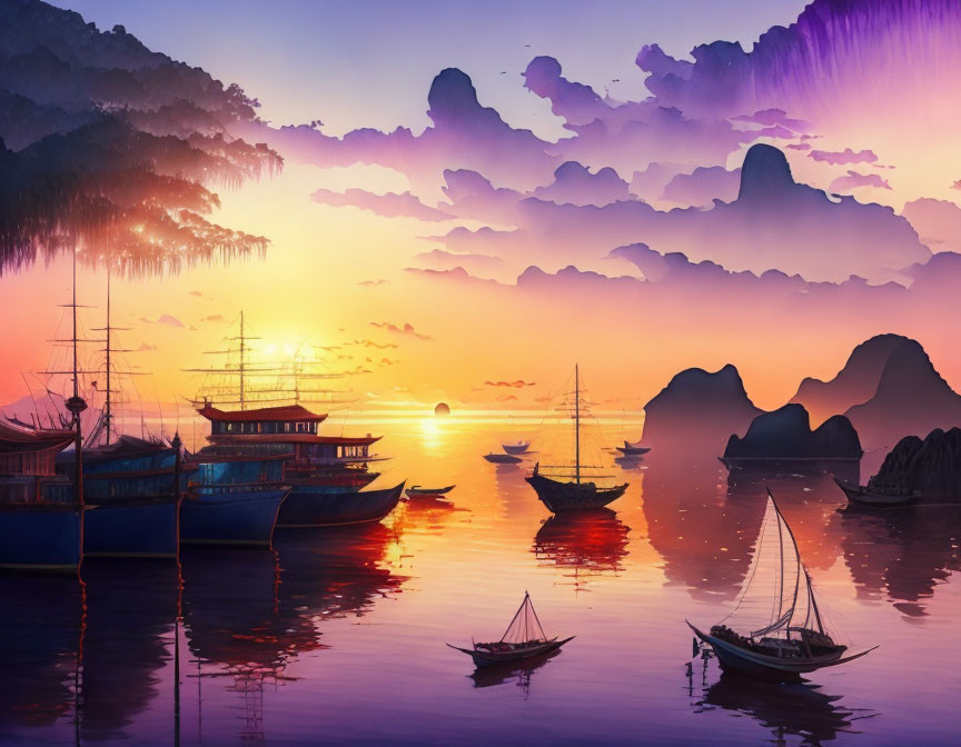 Tranquil Sunset Scene with Boats, Silhouetted Mountains, and Colorful Sky