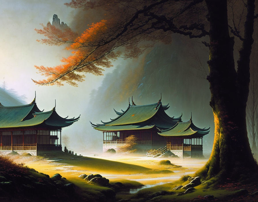 Asian-style Buildings in Misty Autumn Forest