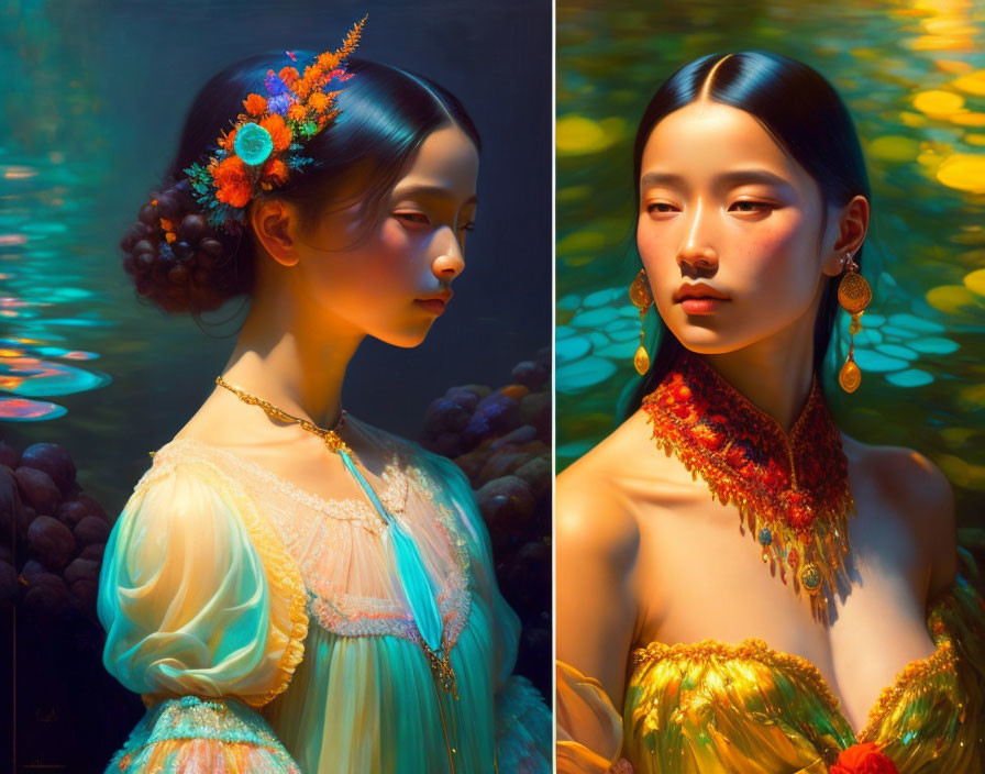 Ethereal woman portraits in ornate attire by water lilies