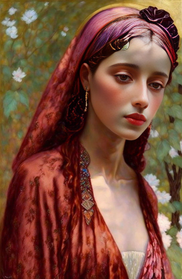 Pink-streaked hair woman in red shawl with headpiece poses among blossomed branches