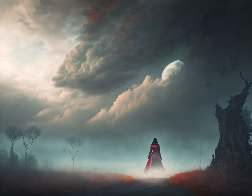 Misty Path with Cloaked Figure, Crescent Moon, Dead Tree, and Eerie Clouds