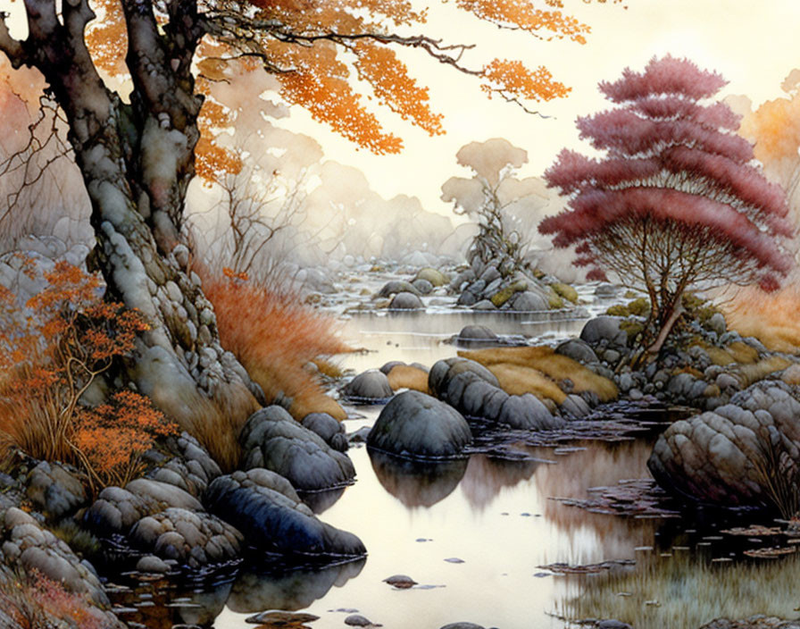 Tranquil river landscape with autumn trees