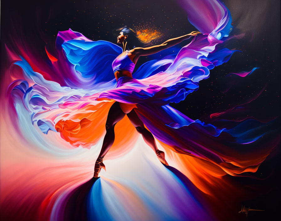 Colorful dancer painting with flowing fabric on dark background