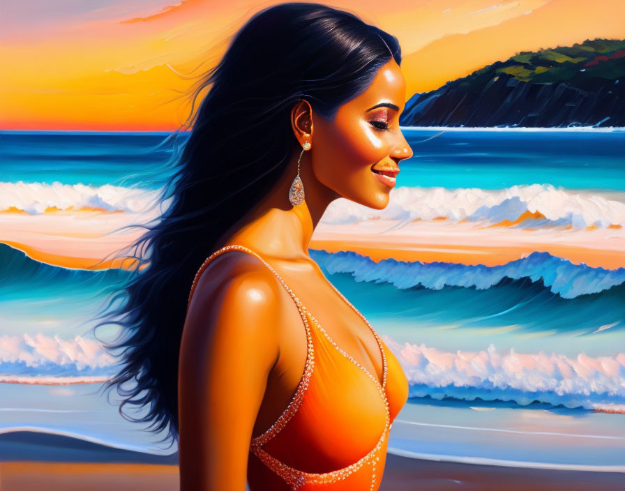 Vibrant beach sunset digital artwork with woman in orange dress