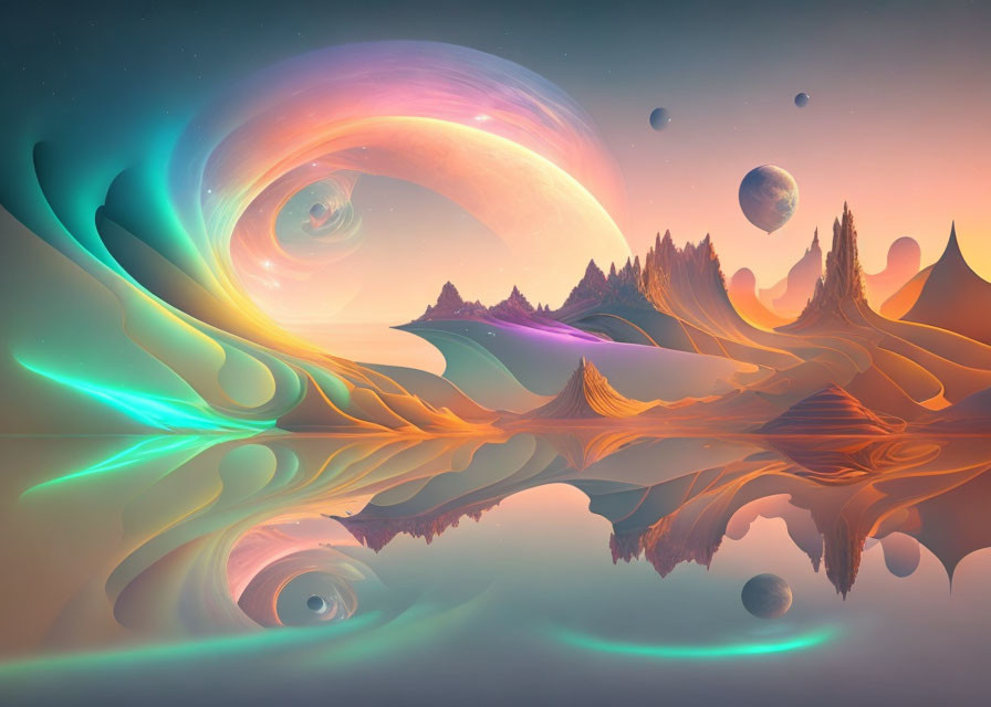 Colorful surreal landscape with reflective water and alien terrain.