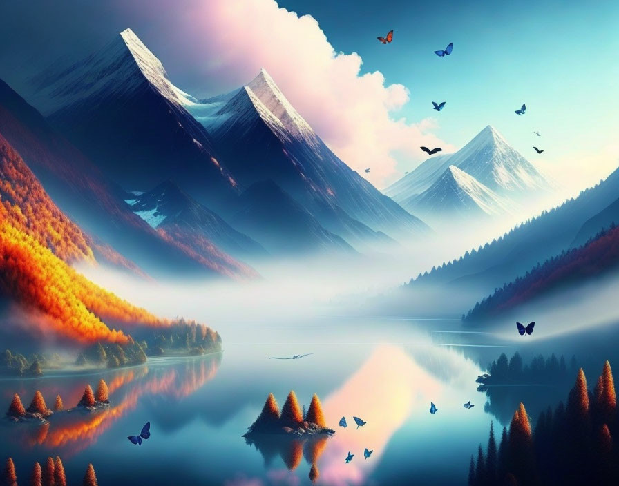 Scenic lake with snow-capped mountains, autumn trees, butterflies, and soft sky