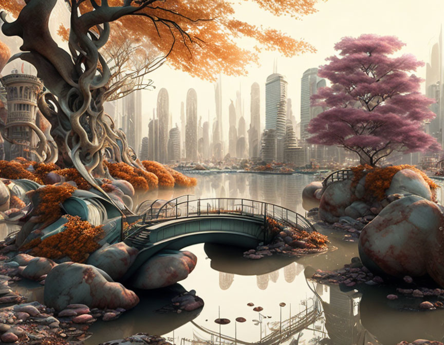 Futuristic cityscape with bridge, pond, autumn trees, and moss-covered stones