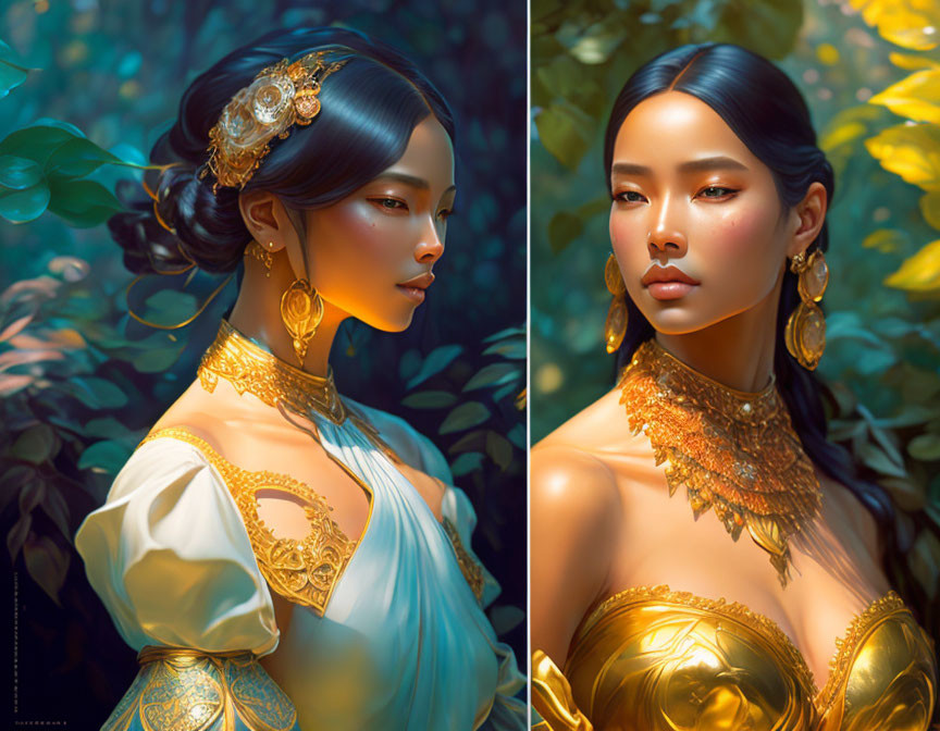 Woman adorned with golden jewelry in lush greenery